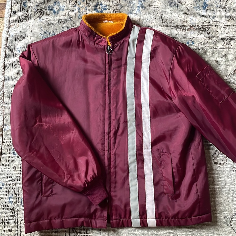 Mens Vintage Bomber Lined Faux Fur Winter Jacket Stripes Maroon Medium